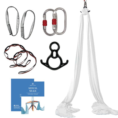 Aerial Silks Starter Kit, 9 Yards, Aerial Yoga Hammock, Hardware | Knitted fabric with pose guide, for aerial yoga, gymnastics, silk swing, stretching and home gym use, suitable for all levels - color: White