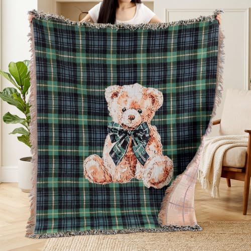 Moukeren 60 x 50 Inch Tartan Plaid Bear Baby Woven Tapestry Throw Blanket Green Blue Scottish Tartan Throw Blanket with for Office Bed Living Room Bedroom Sofa Chair Couch Crib - style: Tartan Plaid Bear Baby