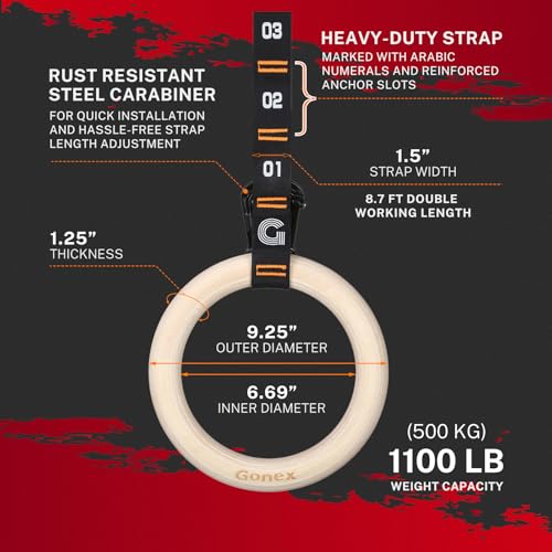 Gonex Wooden Gymnastic Rings with Adjustable Straps, 8.7 ft | Birch Wood Rings, Quick-adjust Carabiners Buckle Numbered Straps, Home Gym & Outdoor Training, Full-body Strength Workouts - style: 32mm Birch Wooden Ring & Carabiner Numbered Straps