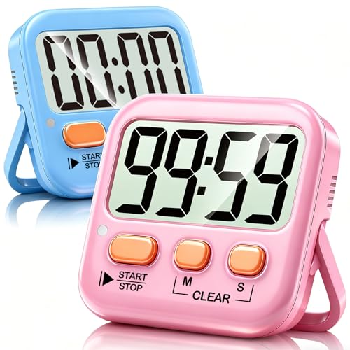 Antonki 2 Pack Digital Timer for Kids Classroom Kitchen Timers for Cooking | w/ Battery, Easy to View, Alarm, Mute Mode, Count Down/Up, Magnetic, Kickstand, Hanging, Classroom Timer for Teacher Supplies - color: 2 * Dreamy Pink + Blue ( 95%+select for Boy