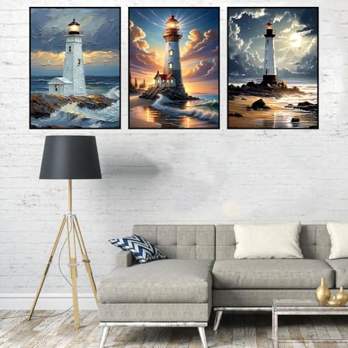 3 Pack Diamond Art Kits for Adults, Lighthouse Diamond Painting 12x16in | 5D Lighthouse Diamond Painting Kits For Beginners, Diy Full Drill Gem Art Kits For Room Wall Decor Gift 12x16in - color: 3 Pack Lighthouse