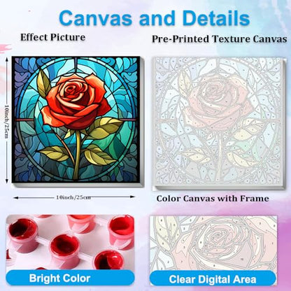 Artunion Framed Paint by Numbers Kit for Adults Beginners & Kids Ages 8-12,Red Rose Flower Paint by Number with Frame, Stained Glass Paint by Numbers Kit on Canvas 10 * 10 Inch Without Easel - color: ZXT-243-F