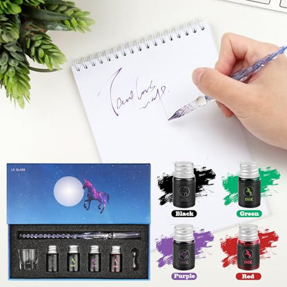 Luxiv Glass Dip Pen Set, Purple Crystal Pen With Ink, Holder, and Package - color: Purple, style: Sets (7Pcs)