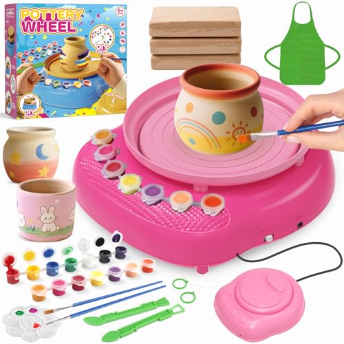 Pottery Wheel for Kids with Air Dry Clay Kit, 12 Paints & Tools, Ages 6-12 | No kiln needed: shape on the electric wheel, air-dry & paint. Gentle beginner speed; kit adds 3 clay packs, tools & apron - color: rose