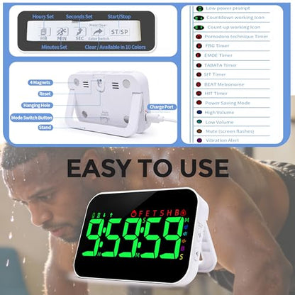 Pomodoro Timer Fitness Timer, Kitchen LED Digital Timer Rechargeable, RGB Count Down Up, Digital Timer with Vioce Reminder for Kitchen Classroom Cooking Study