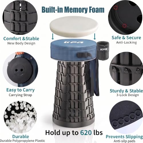 KPR Portable Collapsible Stool for Adults, 3-in-1 Cushion Bag, 620 lbs
