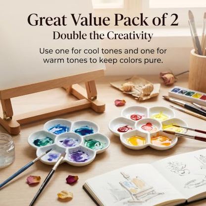 Ceramic Flower Paint Palette, Porcelain, 3 Inch, 7 Wells, for Watercolor, Gouache & Oil Painting, Pack of 2