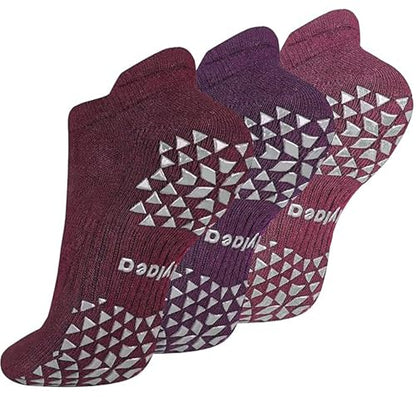 Hylaea Unisex Non Slip Socks with Grip for Yoga, Hospital, Pilates, Barre | Ankle, Cushioned | Breathable Cotton, Thick Cushioned Sole, Anti-Slip, Ankle Protection, Men Women, Ideal for Yoga, Barre, Hospital & Home Use - color: 3 Pairs Pink Purple Red, si