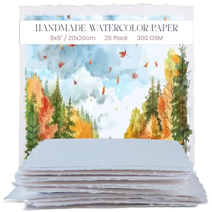 Wanderings Thick Handmade Watercolor Paper with Deckle Edge - 8" x 8" - 300GSM - Premium White Hot Press Smooth Mixed Media Paper Made with Recycled Cotton - 25 Loose Leaf Sheets - color: White, size: 20x20 cm