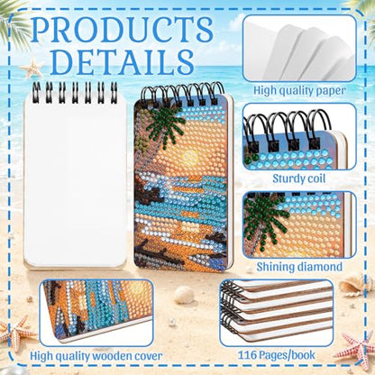 Fuyoooo 12 Pcs Beach Diamond Art Notebook Kits for Adults, 4.72 x 2.83 Inch | Ocean Beach Diamond Art Notebook, DIY Cover Notebook Diamond Painting for Beginners, 5d Journal Art Notepad Accessories - style: Beach