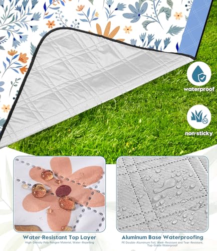 DEWUR Picnic Blankets 79"x79" Extra Large Outdoor Blanket Beach Blanket Waterproof SandProof Picnic Mat Washable Foldable Portable for Grass Lawn Beach Camping (White with Flowers) - color: White With Flowers