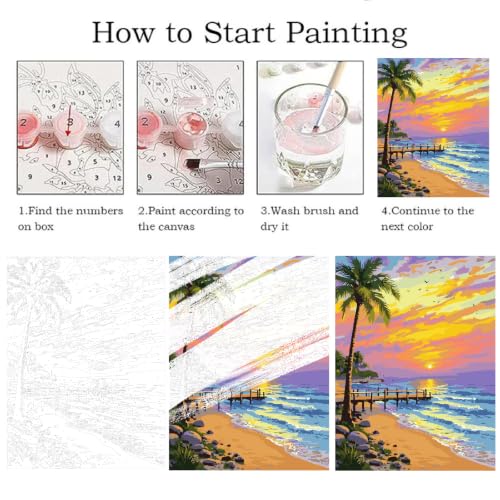 ZRIZQ Beach Paint by Numbers Kit for Adults Beginner,Sunset,16x20 | Full set with rich paints,wooden brushes,rolled canvas.Calming activity.Beginner friendly.Just open and paint. - color: 16"X20"Rolled Canvas-Beach 1