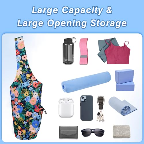Yoga Mat Bag - Large Opening Long Tote Yoga Mat Carrier Holder Bag with Waterproof Wet Zipper Pocket and Drawstring Water Bottle Pocket - Yoga Bag Fit Most Size Mats - color: Floral