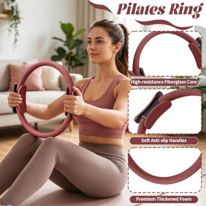 19 PCS Pilates Kit, Sand White/ Red Brown Pilates Sets with Yoga Block - color: red brown