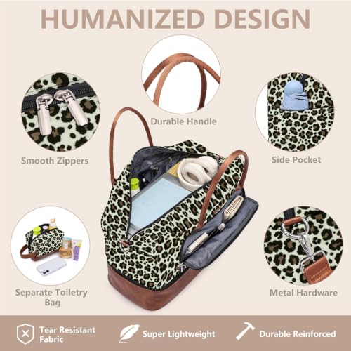 Large Women Travel Weekender Bag: Carry on Duffle with Shoe Compartment | Overnight Duffel Bags with Wet Pocket, Crossbody & Toiletry Bag, 3PCS Womens Traveling Tote Set for Hospital Gym Weekend Trip - color: Brown Leopard Print