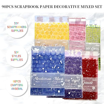 BADAO 90 Sheets Sticker Scrapbook Paper Supplies for DIY | 6 Pack Mesh Fabric Scrapbooking Kits,5.11x7.08Inch Textured Aesthetic Paper Scrap Book Material for DIY Decorative Mixed Set