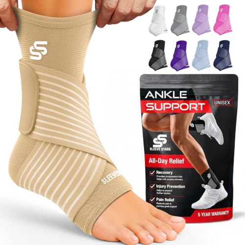 Sleeve Stars Ankle Brace for Women & Men, Ankle Wrap for Sprained Ankle, Compression Sleeve for Plantar Fasciitis Relief, Easy Customizable Support: w/Removable Strap (Single/S:9"-10"/Beige) - color: Beige, size: Small