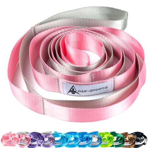 Oak-Sports Stretching Strap Yoga Strap for Physical Therapy with 10 Loops, Yoga Straps for Stretching, Upgraded Non-Elastic Stretch Band for Pilates, Dance and Gymnastics with Workout Guide - color: Pink/Silver