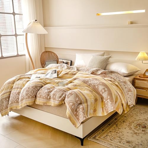 MEJU Muslin All Season Blanket for Bed Sofa Couch, 100% Combed Cotton 3 Layer Soft Warm Quick Dry Throw Blanket Bed Coverlet Sheet (Boho Yellow, Twin 60 in x 80 in) - color: Boho Yellow, size: Twin 60 in x 80 in