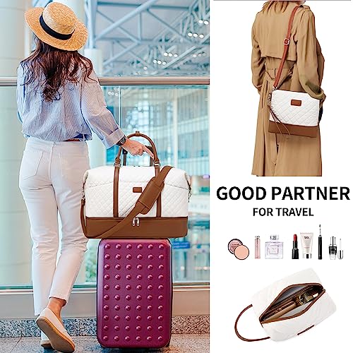 Weekender Bag, Large Travel Duffel Bag for Women, Carry on Overnight Bag with Shoe Compartment and Toiletry Bags - color: White