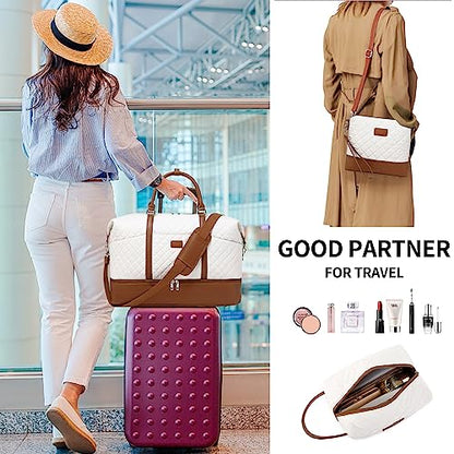 Weekender Bag, Large Travel Duffel Bag for Women, Carry on Overnight Bag with Shoe Compartment and Toiletry Bags - color: White