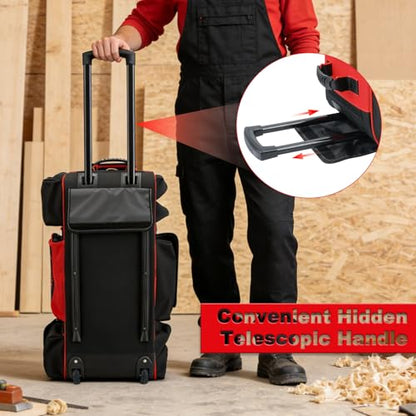 MELOTOUGH Rolling Tool Bag with Wheels,Large Capacity Tool Bag Organizer with Concealed Telescoping Handle for Electrician,Construction,HVAC,Technician (Red/Black) - color: Red/Black