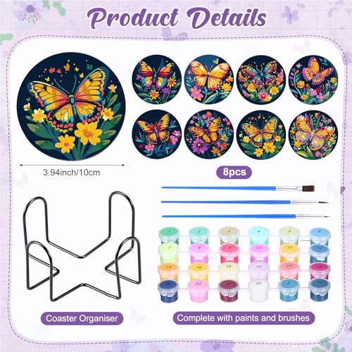 Reallnaive 8 Pcs Butterfly Flower Paint by Numbers Kit Coaster for Adults | Mini Paint by Numbers, Tiny Floral Round Oil Painting Drink Coaster with Holder, for Small DIY Craft Birthday Gift - style: Butterfly Flowers