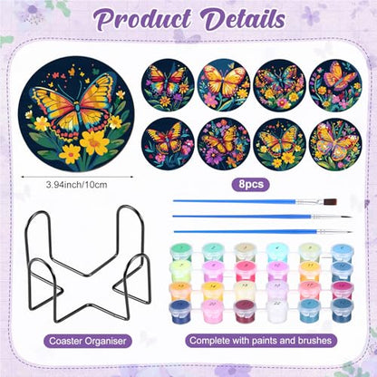 Reallnaive 8 Pcs Butterfly Flower Paint by Numbers Kit Coaster for Adults | Mini Paint by Numbers, Tiny Floral Round Oil Painting Drink Coaster with Holder, for Small DIY Craft Birthday Gift - style: Butterfly Flowers