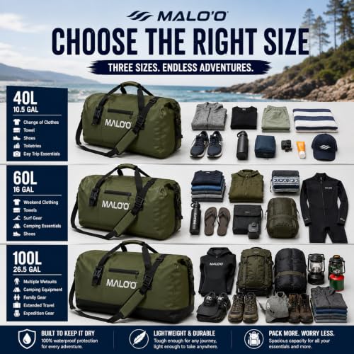 Malo’o Waterproof Dry Duffel, Heavy-Duty Roll Top Waterproof Gear Bag with Shoulder Strap & Molle Loops, Marine Duffel for Kayaking, Boating, Camping, Beach & Travel, Dark Green, 100L - color: Dark Green, size: 100L