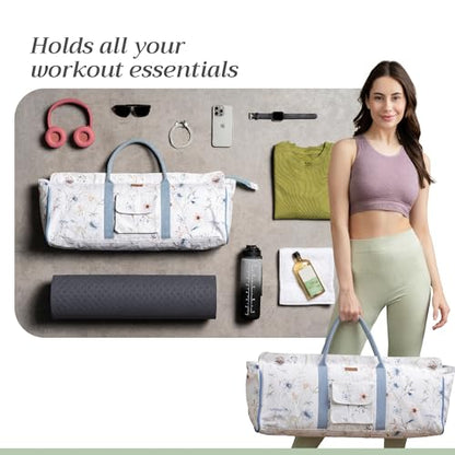 Maison d' Hermine Yoga Mat Duffle Bag Gym Tote Yoga Mat Carry Bag | Cylindrical bag for Woman Men Gifts Adjustable shoulder straps with Drawstring Water Bottle Pocket and zipper pocket - color: Ice Florals, style: Yoga Mat Tote