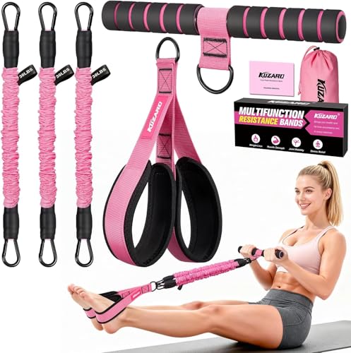 Upgraded Multifunction Pedal Resistance Band with Handle, 3 Tube Adjustable Resistance Bands for Abdomen, Waist, Arm, Core/ABS, Leg Workout - Sit Up Exercise Equipment for Women - color: Pink