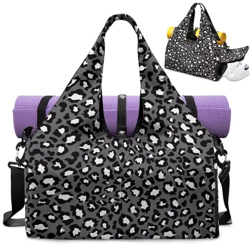 Black Leopard Print Gym Bag Women Hygienic Yoga Mat Bag with Double Zipper Sports Bags with Yoga Mat Holder & Shoe Compartments, Sports Bags for Exercises - color: Black Leopard Print