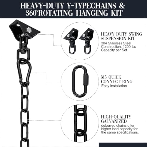 Heavy Duty Porch Swing Hanging Kit with Y-Chain & 360° Swivel Hangers 1500Lbs Capacity, Rustproof Zinc-Plated Chains 304 Stainless Steel Mount Hooks, Indoor/Outdoor Hammock Hardware (Black) - color: Black