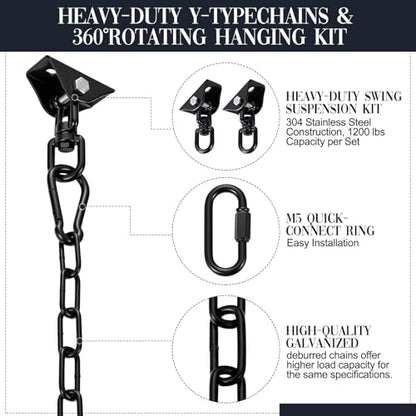 Heavy Duty Porch Swing Hanging Kit with Y-Chain & 360° Swivel Hangers 1500Lbs Capacity, Rustproof Zinc-Plated Chains 304 Stainless Steel Mount Hooks, Indoor/Outdoor Hammock Hardware (Black) - color: Black