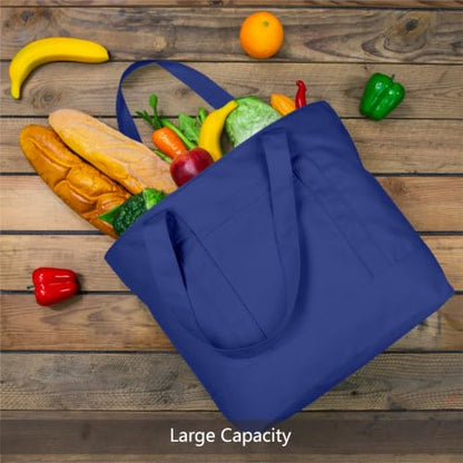 TOPDesign 1-Pack Canvas Tote Bag with an External Pocket, Reusable Grocery Shopping Bag, Top Zipper Closure, Daily Essentials (Blue) - color: Blue