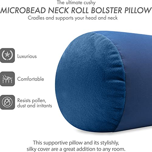 Microbead Bolster Neck Roll Pillow, 14x8 in Cylinder Tube, Peacock Blue | Silky feel fabric helps prevent wrinkles & hair breakage; feather-light beads gently cushion head & shoulders as you rest - color: Peacock Blue