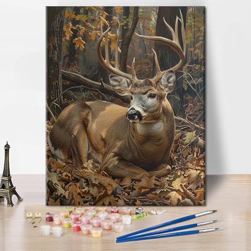 TUMOVO Elk in The Forest Canvas Paint by Number Kit for Adults | Elk Deer 16x20 inch unframed canvas kit with paints and brushes, mindful art activity for a weekend creative project. - color: Deer