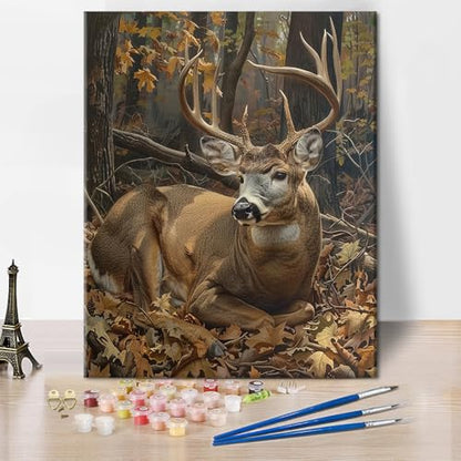 TUMOVO Elk in The Forest Canvas Paint by Number Kit for Adults | Elk Deer 16x20 inch unframed canvas kit with paints and brushes, mindful art activity for a weekend creative project. - color: Deer