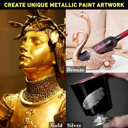 KIRIN Acrylic Paint Metallic, Metallic Gold & Silver & Bronze, Gold Leaf Paint for Art Painting Handcrafts, Idea Paints for Fabric Furniture Wood Clay Canvas Craft Supplies (3Pcs, 125g/Bottle)