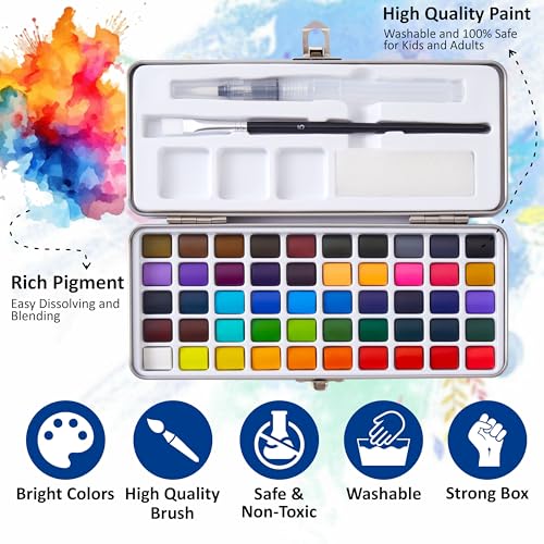 Professional Watercolor Paint Set - 50 Colors Metal Case Kit | Includes 6 detail brushes, water brush pen, nylon brush, sponge, swatch sheet, and supplies for adults, artists & students - style: Set of 50 colors