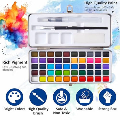 Professional Watercolor Paint Set - 50 Colors Metal Case Kit | Includes 6 detail brushes, water brush pen, nylon brush, sponge, swatch sheet, and supplies for adults, artists & students - style: Set of 50 colors