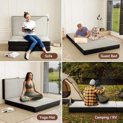 ROXGOX Memory Foam Trifold Mattress, Single Portable Floor Bed 4 Inch, Foldable Mat with Washable Cover, Handle & Non-Slip Bottom, for RV, Travel, Camping, Yoga, 75"x25"x4", Grey - size: Single, style: 4 Inch-Grey