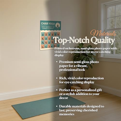 Chair Yoga Exercise Poster - Illustrated Stretching Poses Chart, Workouts, Instructions, Mobility Practice, Inspirational Routine, Wall Art for Seniors, Home Gym Picture, Meditation Decor, Flexibility - size: 11"L x 14"W