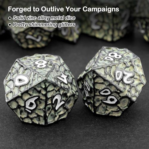 Haxtec Metal DND Dice Set, 7 Pcs Meteorite Texture Polyhedral Dice for RPG | White Number D&D with Leather Bag, Compatible with Dungeons and Dragons, Green Heavy Metallic, Gifts for DND Players Masters - color: Black Green White