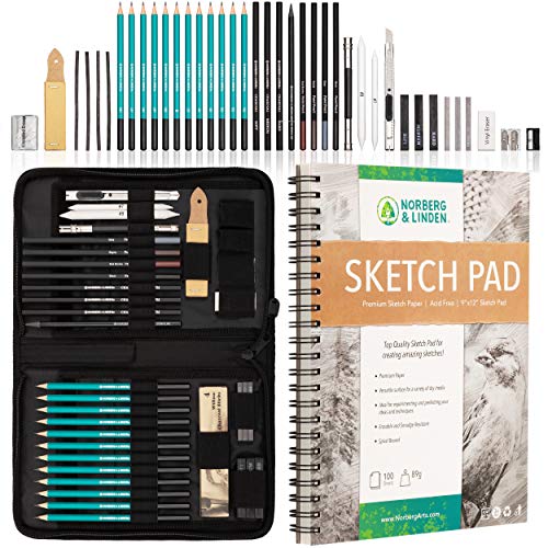 Norberg & Linden XXL Drawing Set - Sketching and Charcoal Pencils. 100 Page Drawing Pad, Kneaded Eraser, and Graphite. Art Set for Kids, Teens and Adults