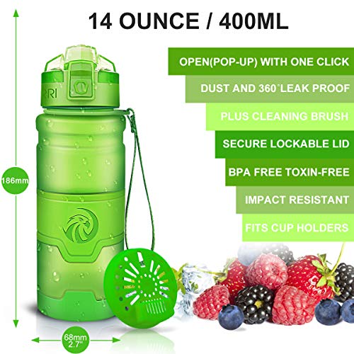 ZORRI Sports Water Bottle, 400/500/700ml/1L, BPA Free Leak Proof Tritan Lightweight Bottles for Outdoors,Camping,Cycling,Fitness,Gym,Yoga- Kids/Adults Drink Bottles with Filter, Lockable Pop Open Lid - color: Green, size: 14 Ounces