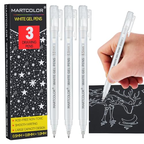 MARTCOLOR White Gel Pens, 3 Pack, 0.5mm, 0.8mm, 1.0mm White Gel Ink Pens | Opaque Archival Ink Pen for Black Paper Drawing, Art Highlight, Illustration, Bullet Journaling, Card Making & DIY Projects - style: White - 0.5+0.8+1.0mm