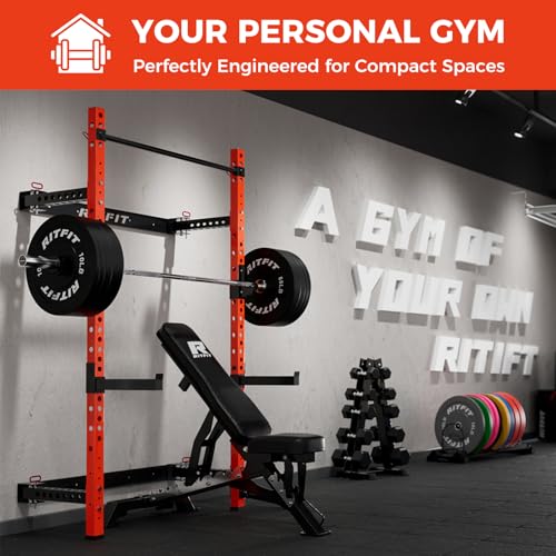 RitFit 2.36'' x 2.36'' Folding Squat Rack for Home Gym, Wall Mounted Squat Rack with Attachments - Space Saving Squat Power Rack - color: Orange, style: Folding Squat Rack with Safebar