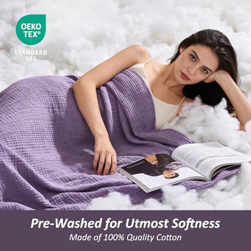 EMME Cotton Muslin Large Throw Blanket Couch Breathable Gauze Soft Lightweight Bed Blankets Adults (Heather Purple, 50"x70") | 4-Ply Two-Tone Yarn - Soft Throw Blanket for Adults, Breathable and Prewashed, for Sofa and Bed All Year Round - color: 14 - Pur