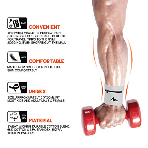 NEWZILL Wrist Wallet Wristband with Zipper - Cotton Sweatbands for Men & Women, Ideal for Running, Walking, Basketball, Football, Tennis, Hiking - color: White, style: Small-1PCS